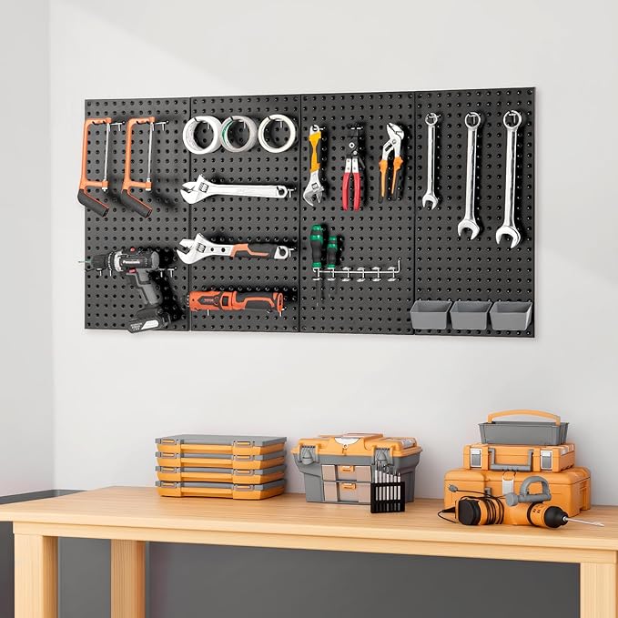 VEVOR Metal Pegboard Panels, 24" x 12" Pegboard, 4 Panels, Heavy Duty Steel Peg Board Wall Organizer, for Living Room Garage Tool Storage Workbench Office Organization Craft Room Kitchen Home, Black