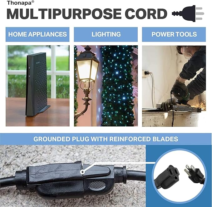 Thonapa 13 Amp Outdoor Extension Cord 6 ft, 16/3 SJTW 6 Foot Black Extension Cord 3 Prong, Weatherproof Exterior Power Cable for Outside Lights & Lawn, UL Certified - US Veteran Owned