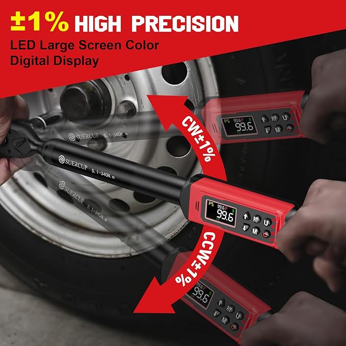 1/2-inch Digital Torque Wrench(3.8-250.8Ft.Lb/5.1-340Nm) ±1% Accuracy Digital Torque Wrench with Vibration, Buzzer,LED Notification and Five Units of Measure, for Car,Motorcycle Repair, DIY