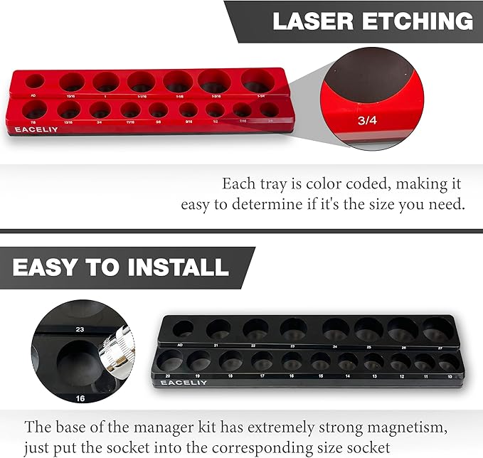 1/2" Magnetic Socket Organizer Set, 2-Piece SAE & Metric Socket Holder Kit,，Tools tray， holds 35 Deep and Shallow 1/2" Sockets, attaches to steel box/tool cart (sockets not included)