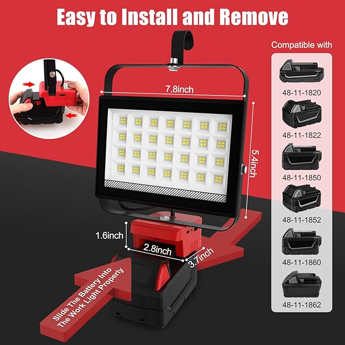 Cordless LED Work Light Compatible with Milwaukee 18V Battery, 100W 10000LM Flashlight, Flood Light Compatible with m18 Battery with USB & Type-C Charging and 140°Pivoting Head for Jobsite, Camping