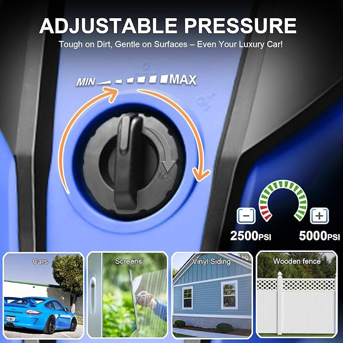 Pressure Cleaner Adjustable 5000PSI 4.0 GPM High Power Cleaners with 33ft Hose Reel, 4 Nozzle and Foam Cannon, Power Cleaners Machine for Home, Cars, Patio (Light Blue)
