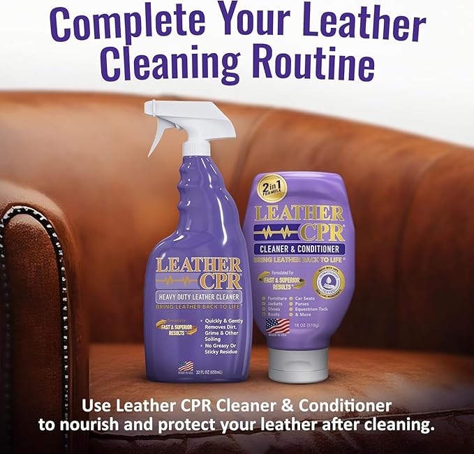 Leather CPR Heavy Duty Leather Cleaner - Car Interior Cleaner For Heavy Dirt & Grime, Heavily Soiled Furniture Leather Cleaner For Couch, Car Seat,Purses, Shoes, Boots, & More (22 Ounce (Pack of 2))