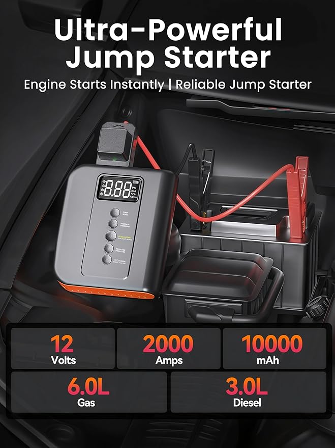 Battery Jump Starter with Air Compressor for Car, 10000mAh Portable Power Pack 150PSI Tire Inflotor, USB Charge, LED Light, for All Gas and Up to 8L Diesel Engines Jumper Box