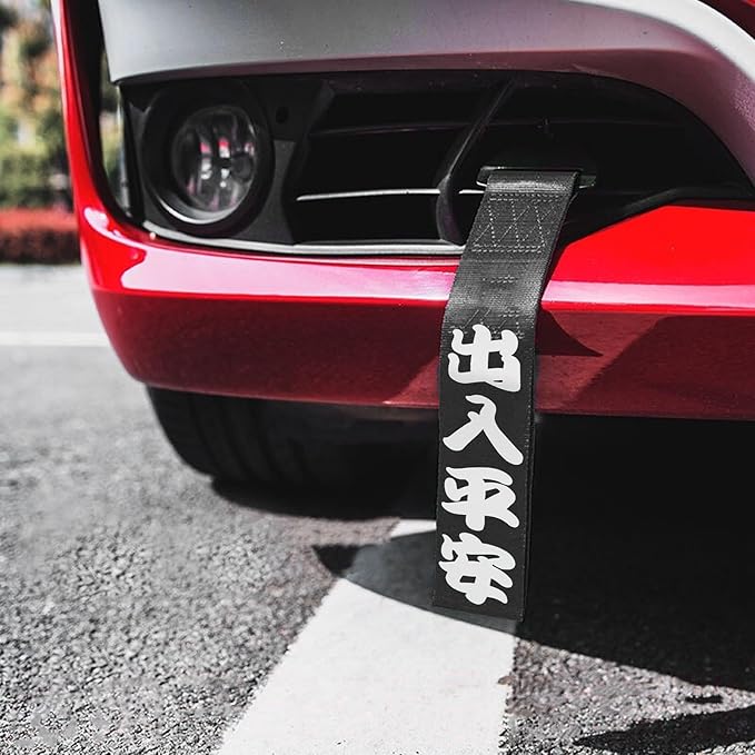 x xotic tech Tow Strap JDM Sports Black Racing Tow Strap Car Modification Decorative Trailer Belt Personalized with Chinese Slogan Fit for Rear Front Bumper (Safe Trip Wherever You go)