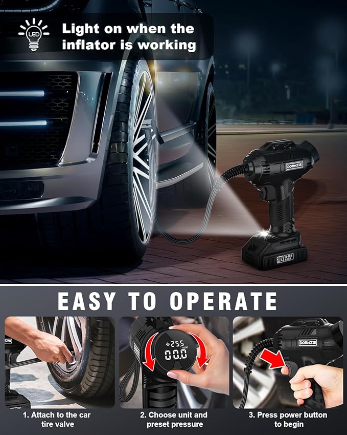 Tire Inflator Portable Air Compressor, 150 PSI Handheld Air Pump for Car Tires with 20V Rechargeable Battery, 12V Car Power Adapter, Digital Display, Ball, Motorcycle, Bike Pump