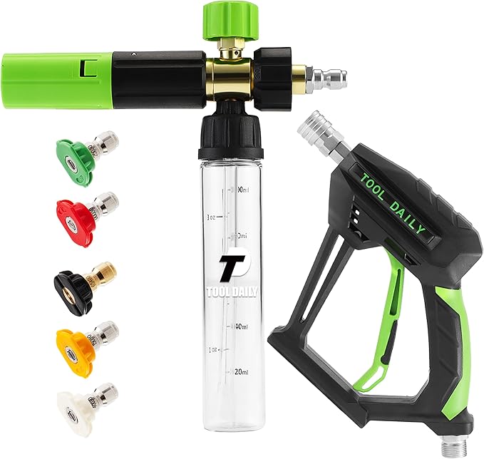 Tool Daily Pressure Washer Short Gun with Mini Foam Cannon, 5 Power Washer Nozzle Tips, 1/4 Inch Quick Connector