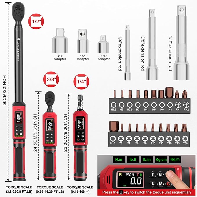 1/4”&3/8"&1/2" Digital Torque Wrench Set(0.15-10Nm&0.66-44.29Ft.Lb/0.9-60N.m&3.8-250.8Ft.Lb/5.1-340Nm), with Vibration, Buzzer,LED Notification and Five Units of Measure, for Car,Moto Repair