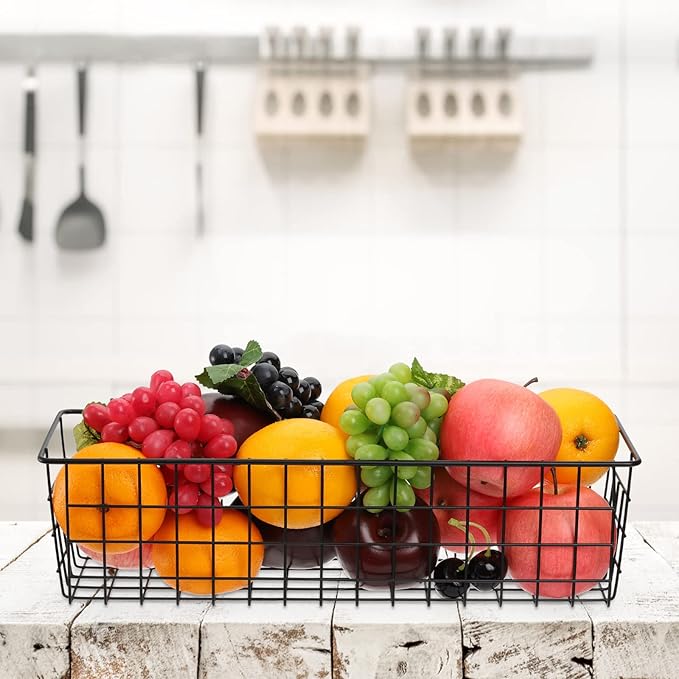 Hedume 3 Pack Metal Wire Storage Organizer Basket, 16.2" x 6.3" x 4.4" Bin Basket with Handles, Versatile Organizer for Kitchen, Pantry, Closet, Laundry Room, Cabinets, Bathroom - Black