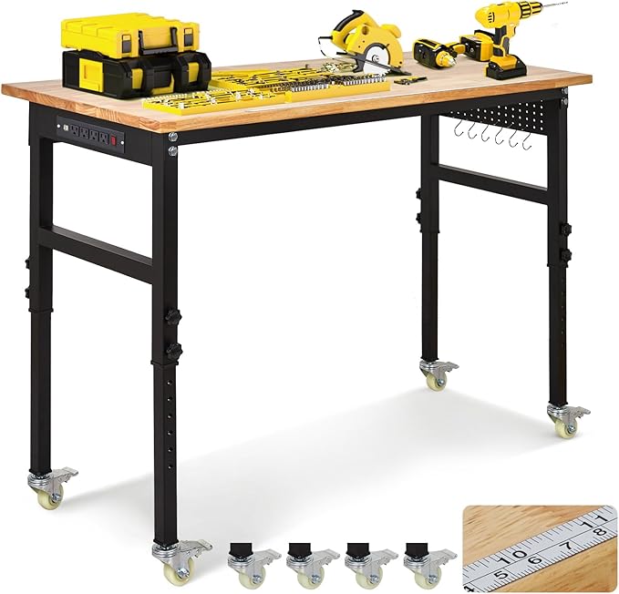 48" Adjustable Workbench with Power Outlet, 8-Levels Height Adjustable Work Table, Rubber Wood Heavy Duty Workbenches with Wheels & Pegboard for Garage Office Workshop Home Commercial