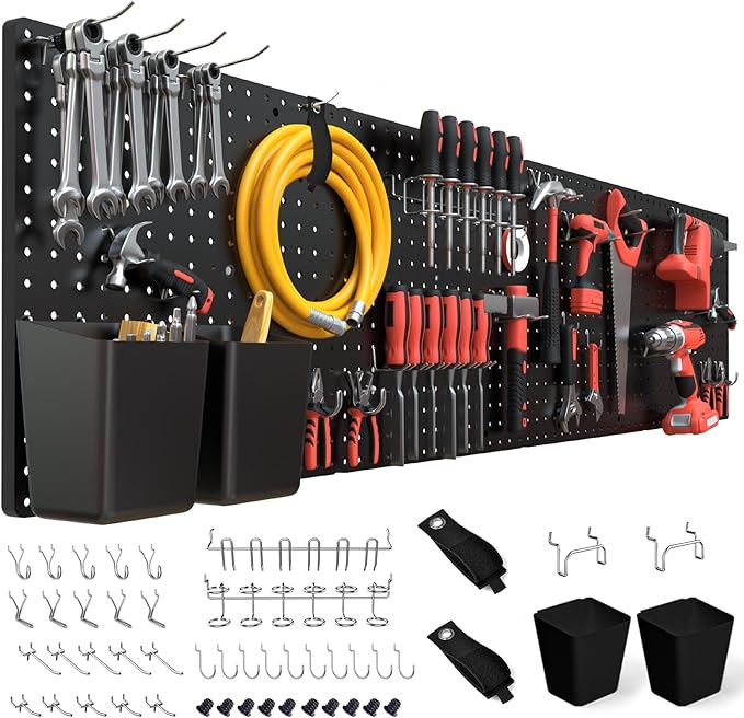 FZK Peg Board, Black Pegboard 4pcs and 46 Pegboard Hooks with Strong Ribs Back Holds up for 200Ib, Peg Board Organizer for Walls for Garage Workshop Office Kitchen, 16"*16"