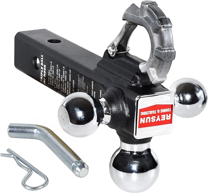 Trailer Hitch Tri-Ball Hitch with Hook, Tactical Tow Ball Hitch, Fits 2-inch Hitch Receiver, Chrome Triple Balls with Hitch Pin and Clip