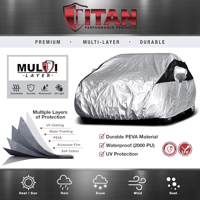 Titan Premium Multi-Layer PEVA Car Cover for Hatchbacks 165-181". Waterproof, UV Protection, Anti-Scratch Protective Lining, Driver-Side Zippered Opening. Fits Prius, Focus, Civic and More.