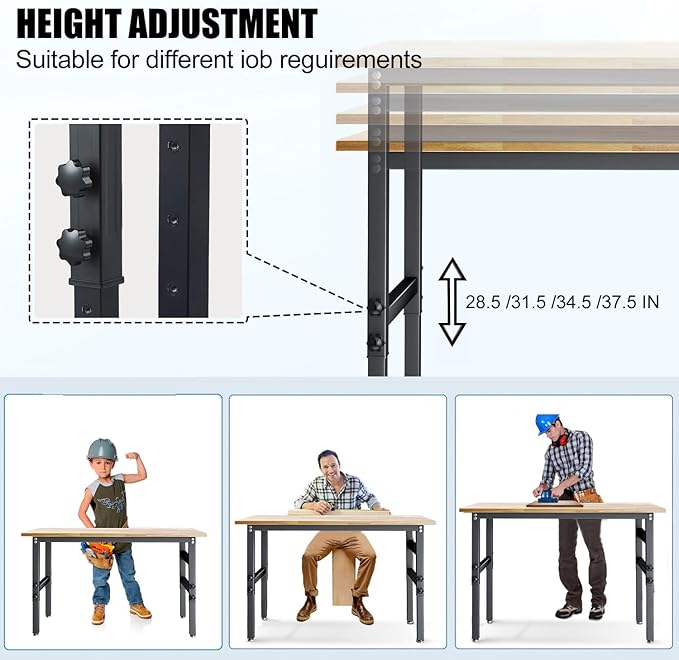 48" Workbench Desk with Power Outlets, Adjustable Height Rubber Wood Top Heavy-Duty Work Table, 2000 LBS Load Capacity Work Station for Garage, Workshop, Office, Home