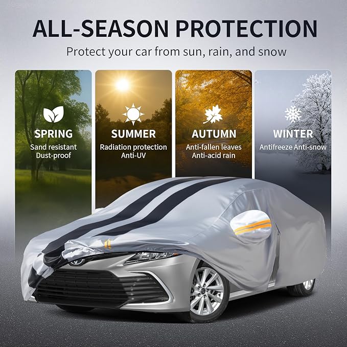 Multi-Layer Car Cover Custom Fit for Toyota Camry(1998-2026), 100% Waterproof All Weather for Automobiles, Gift with Towel, Heavy Duty Car Covers for Rain Sun UV Protection with Door Zipper