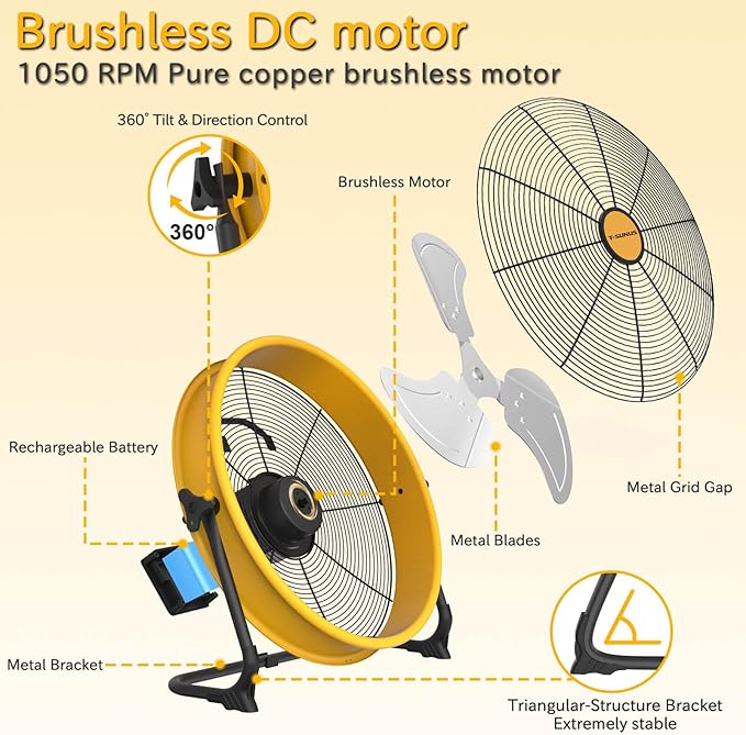 T-SUNUS 16" Solar Powered Floor Fan with 25W Panel & 15600mAh Battery, 2500 CFM Strong Airflow, 4-25H Runtime, USB Phone Charging, 360° Tilt, Quiet for Camping, Patio, Garage, Shed, Tent, RV, Outdoor