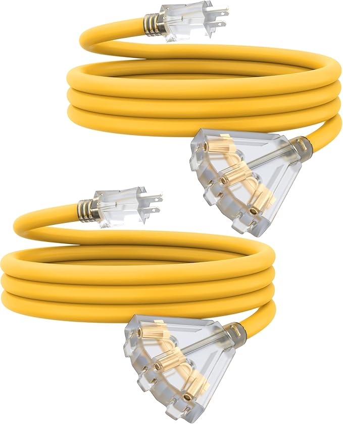 10Ft 12 Gauge Outdoor Extension Cord with 3-Outlets, Heavy Duty 3 Prong Extension Cord Waterproof with Lighted end, 15A SJTW, ETL Listed, Yellow
