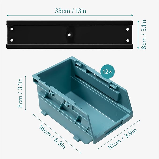 Navaris Storage Bins - Interlocking Plastic Van Boxes - Wall Mounted Compartments for Screws Nails Small Tool Parts - Workshop Garage Drawer Shed Organiser - 12 Bins & 3 Rails