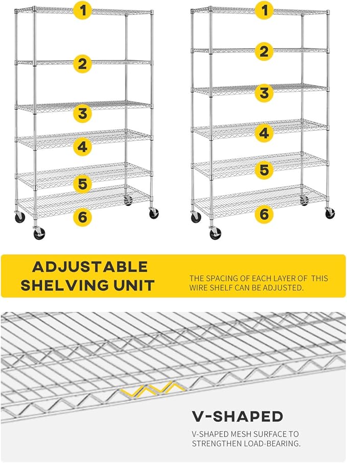 BestMassage Wire Shelving Unit Heavy Duty Garage Storage Shelves Large Metal Shelf Organizer 6-Tier Height Adjustable Commercial Grade Utility Steel Storage Rack with Wheels,18 x 48 x 72 (Chrome)