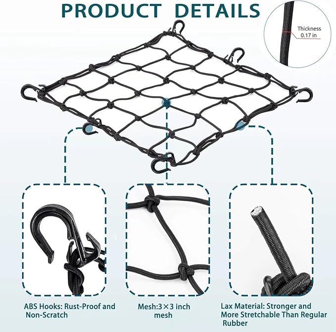 2 Pack Bike Cargo Net for Bike Tote and Basket, Cargo Netting for Bike Storage, 15.7” x 15.7”, Expandable Bungee Net with 6 Hooks, Bicycle Accessories, Black Color