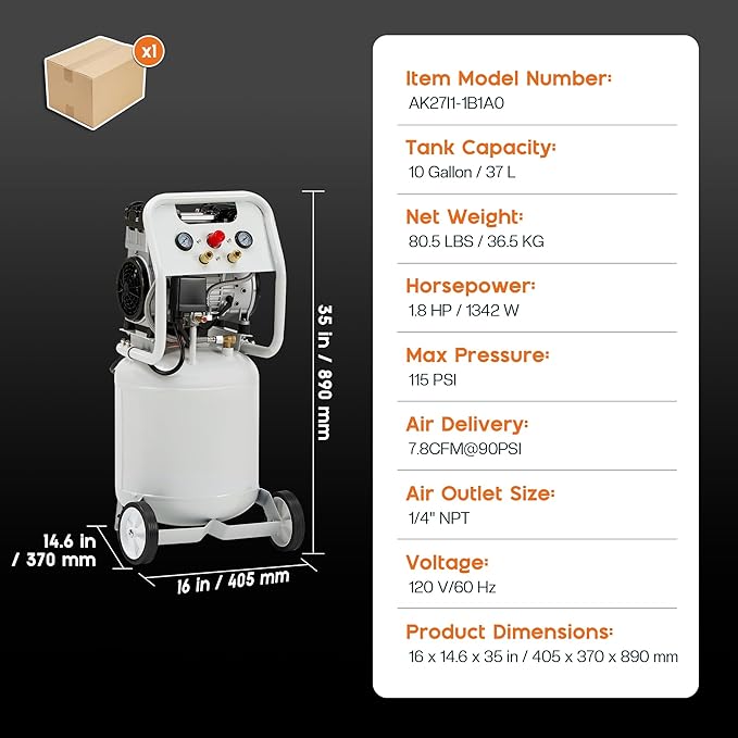 Albott 10 Gallon Vertical Air Compressor, 1.8 HP Electric Air Compressor with Copper Motor, 120 PSI Max, Portable Ultra Quiet Tank for Garage, Nailing, Tire Inflation