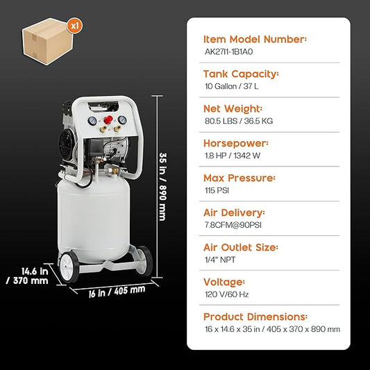 Albott 10 Gallon Vertical Air Compressor, 1.8 HP Electric Air Compressor with Copper Motor, 120 PSI Max, Portable Ultra Quiet Tank for Garage, Nailing, Tire Inflation