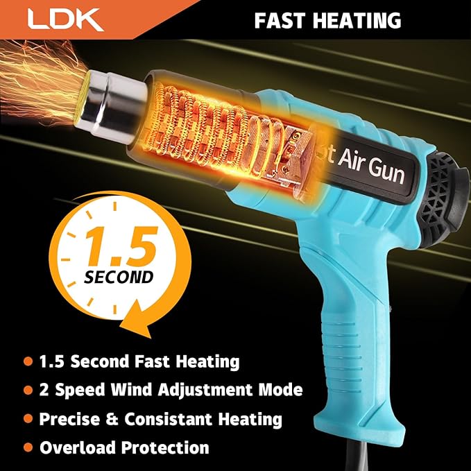 LDK Heat Gun, 140°F~1100°F Variable Temperature Control Heating Gun, 1.5s Fast Heating Heavy Duty Hot Air Gun Kit with 4 Nozzles for Crafting Shrink Tubing Vinyl Wrap