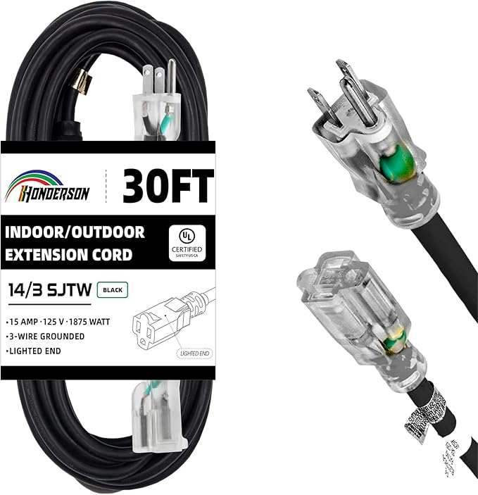 Indoor Outdoor Extension Cord Weatherproof with Lighted End, UL Certified, 14 Gauge 30FT Black 3 Prong SJTW 15A Heavy Duty Power Cord for Outdoor Lights, Lawn