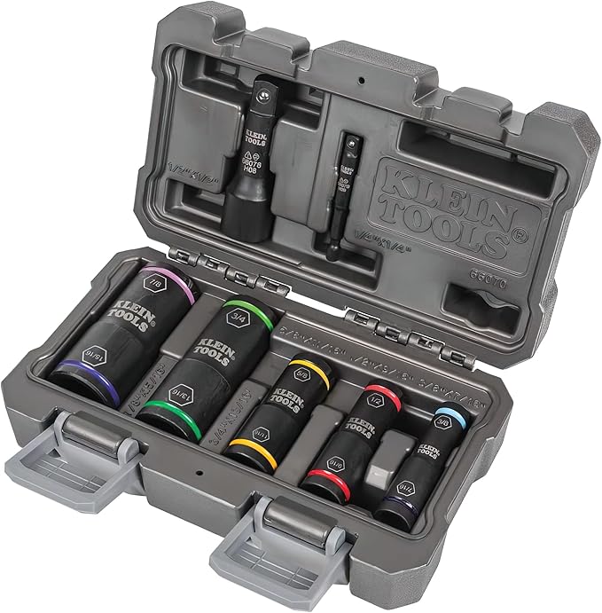 Klein Tools 66070 Impact Socket Set, Impact Driver Flip Socket, Five Sockets & 32933 Impact Driver, 7-in-1 Impact Flip Socket Set, 6 Hex Driver Sizes