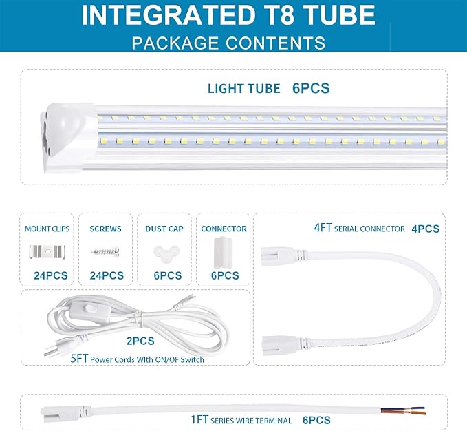 8FT LED Shop Light Fixture,Integrate T8 Linkable Shop Lights,Plug and Play,100W 6000K,Fluorescent Tube Lamp Replacements for Garage Warehouse,Factory, Workshop(6-Pack)