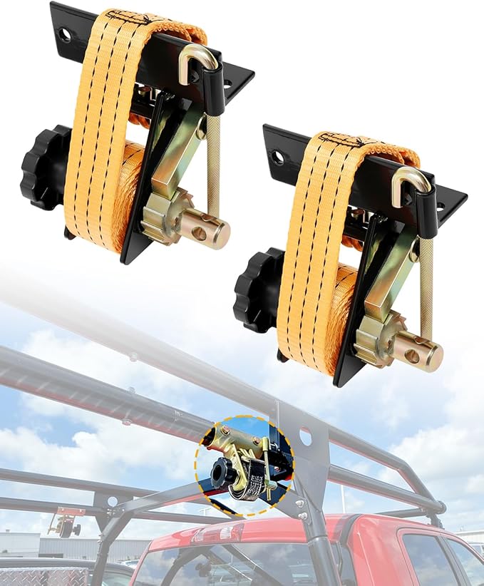 Pipe Rack Ratchet Straps, W/J-Hook (2PCS), 1.4" Black Square Tube Mount, 1.5" Wide x 7.5' Long, Orange Ladder Rack Ratchet Straps, 500 lbs Load Heavy Duty, Truck/Roof Rack Straps, Lumber Rack Strap