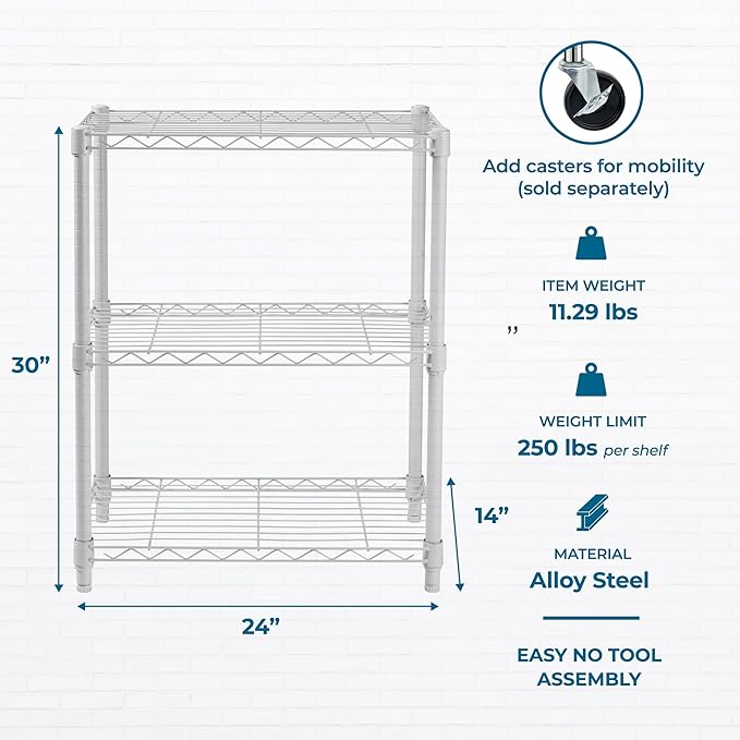 Honey-Can-Do 3-Tier Heavy-Duty Adjustable Shelves, Metal Storage Rack with 250-lb Shelf Capacity, White, 14" W x 24" L x 30" H