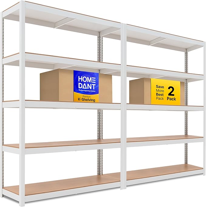 HOMEDANT House 48.1" W 5 Tier Heavy Duty Garage Shelving Adjustable Metal Rack Storage Shelves Standing Shelf Unit Organizers Industrial Warehouse Basement White 2Pack