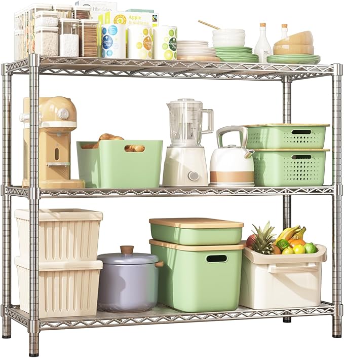 45" W x 20" D x 47" H Heavy Duty Wire Shelving Unit, 3-Tier Utility Storage Rack 1200 lbs Capacity, Adjustable Garage Shelves for Kitchen Garage Pantry, Easy Assembly