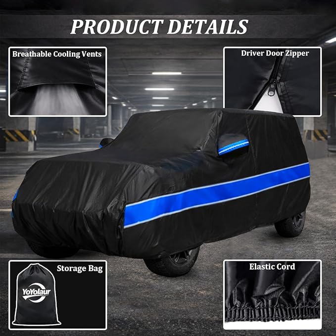 10-Layer Car Cover Compatible with Jeep Wrangler Cover Waterproof 4 Door All Weather,Sun Rain UV Dust Snow Protection,Full Exterior Car Cover with Door Zipper and Cotton Lining,Fit for CJ YJ TJ JK JL