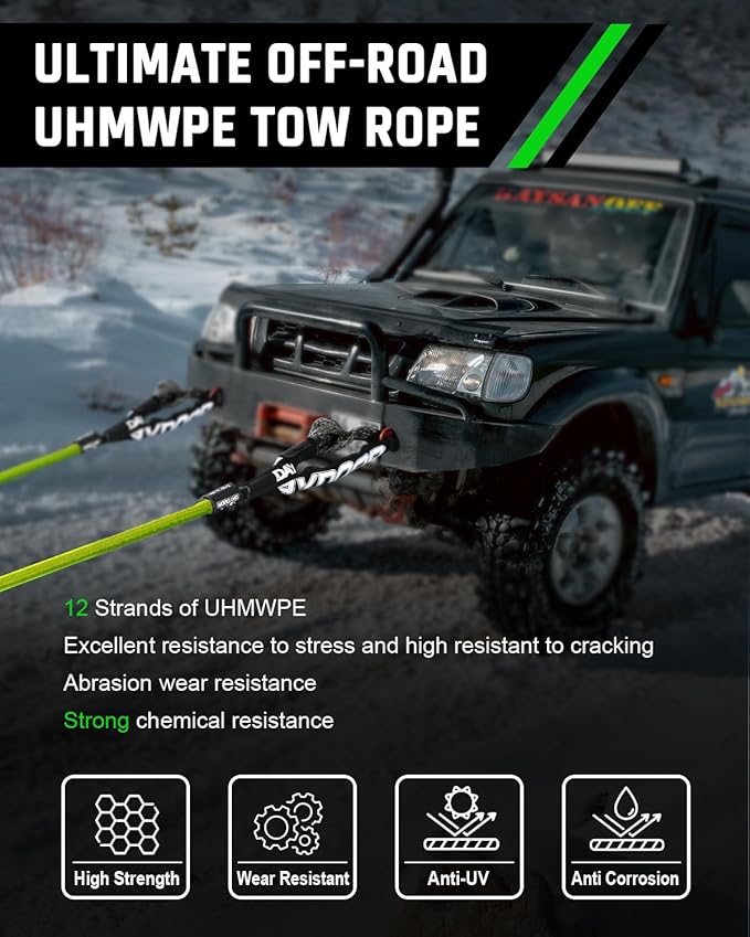 DAYDOOR Recovery Tow Rope Kit with 2 Soft Shackles, 7/16 Inch x 30 ft 31,200 Lbs UHMWPE Tow Strap, Synthetic Towing Rope Recovery Kit for ATV, UTV, SUV, Cars (Green)