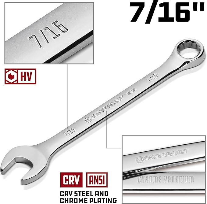 Powerbuilt SAE 7/16-Inch Combination Wrench, 12 Point Double Ended Box and Open End, 15 Degree Offset - 644143