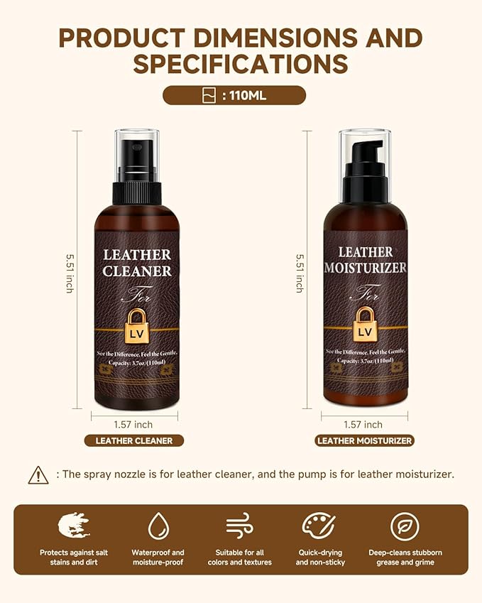 Leather Cleaner & Moisturizer Set for Louis Vuitton, Cleaning and Maintenance Set for LV, Powerful Stain Removal, Gentle Care, Suitable for LV Handbags/Wallets and Other Luxury Brands