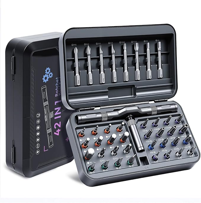 Ratcheting Screwdriver Set, 42PCS Magnetic Multi-Bit Driver with 6.2° Ratcheting Gear, T-Handle & Magnetic Booster, Extended Lever Handle, 40 S2 Steel Bits with Portable Case for Home Repair & DIY