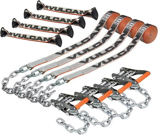 VULCAN 8-Point Roll Back Vehicle Tie Down Kit with Chain Tails on Both Ends - Set of 4 - Silver Series