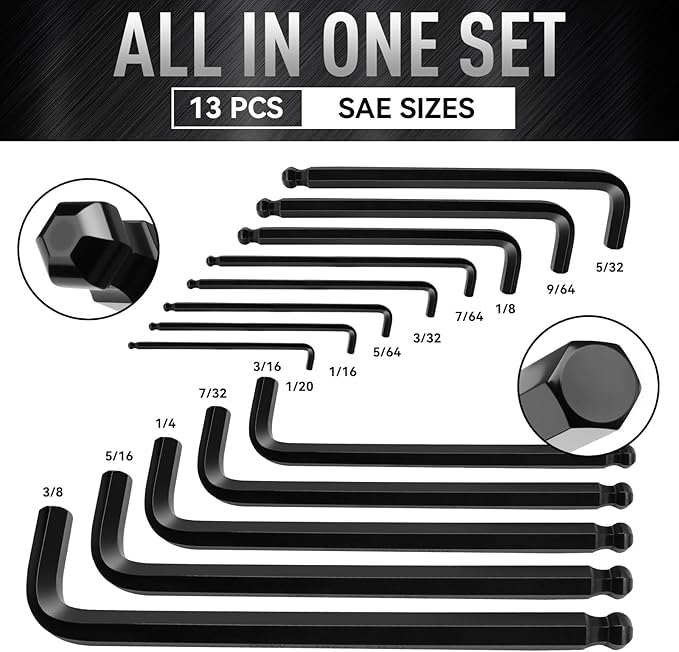 DISEN 26 Pieces Metric & SAE Size Hex Key Allen Wrench Set with Ball End, 1.27-10 MM & 1/20-3/8 Inch, Long Arm Ball Design, Chrome Vanadium Steel