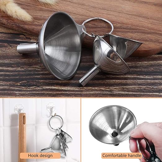 3-Piece Stainless Steel Kitchen Funnel Set with 2 Brushes - Stackable Metal Funnels for Essential Oils, Perfume Bottles, Spices, Liquids & Dry Ingredients (Food-Grade, Rust-Proof)