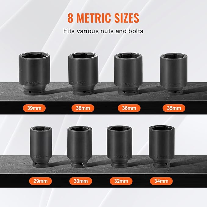 VEVOR Axle Nut Impact Socket Set, 1/2" Drive Deep 12-Point 8-Piece Metric Spindle Socket Set, CR-MO Heat Treated Large Socket Set with Storage Case, Auto Repair, Removing or Installing Axle Nuts