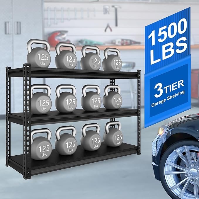 48" W Garage Shelving Heavy Duty, 1500LBS Loads Adjustable Garage Storage Shelves, 3-Tier Metal Shelving Units and Storage Racks, Industrial Utility Shelf,48" Wx18 Dx39 H, Black
