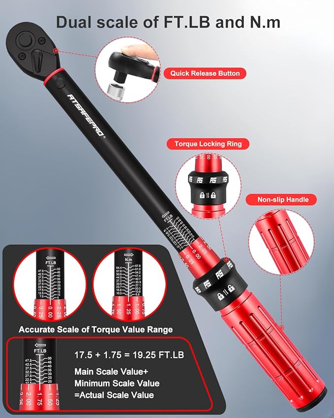 ATsafepro 3/8 Inch Torque Wrench,Torque Wrench 3/8 Drive-Dual Scales 5-50 Ft-Lb/6.8-68 Nm,3/8 Torque Wrench-72 Tooth Dual-Direction Click, Easy Use for Bike, Motorcycle and Car Repair