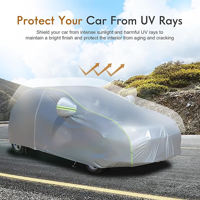 Tecoom Light Shell Car Cover Waterproof All Weather, Breathable Material with Door Zipper & Mirror Pockets, Rain Snow Sun Wind Protection Outdoor & Indoor Full Covers Fit for Hatchback (160-172")