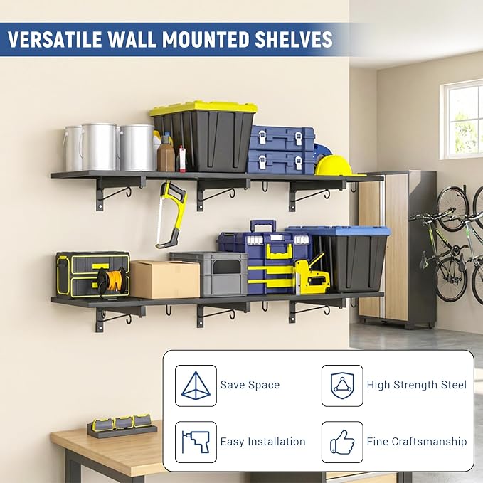 2 Pack Garage Wall Shelf, Heavy Duty Garage Shelving, 46"X 12.5" Wall Mounted Floating Shelves, Metal Hanging Storage Rack with 8 Hooks, Utility Organizer Max Load 320 LBS for Laundry Room, Workshop