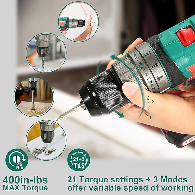 HYCHIKA 18V Cordless Hammer Drill Driver, Bi-Metal Hole Saw Kit 3/4" to 2-1/2", Tool Combo Kit