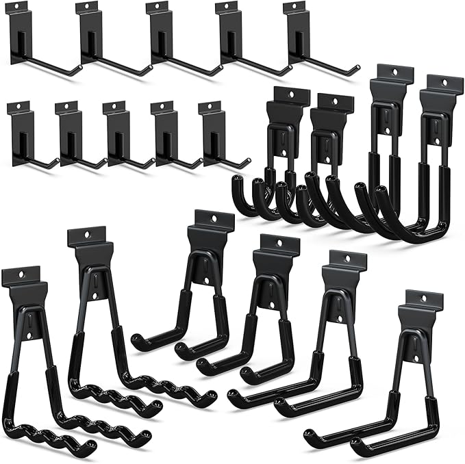 3-H Heavy Duty Slatwall Hooks 20 Pack, Straight & Double Slat Wall Hangers, Extra Thick Backplate for Straight Hooks, Proslat Compatible Garage Storage Organizer(Black)