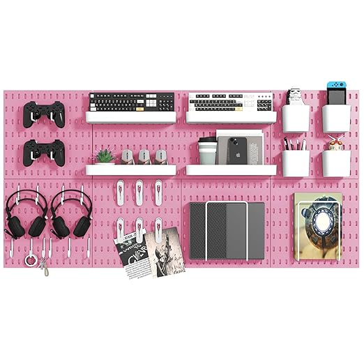 Pegboard Combination Kit, 8 Peg Boards and 30 Accessories Modular Hanging Black Pegboard for Walls, Office Wall Organizer, Keys Holder on Wall, Nursery Storage, 44"x22" Pink